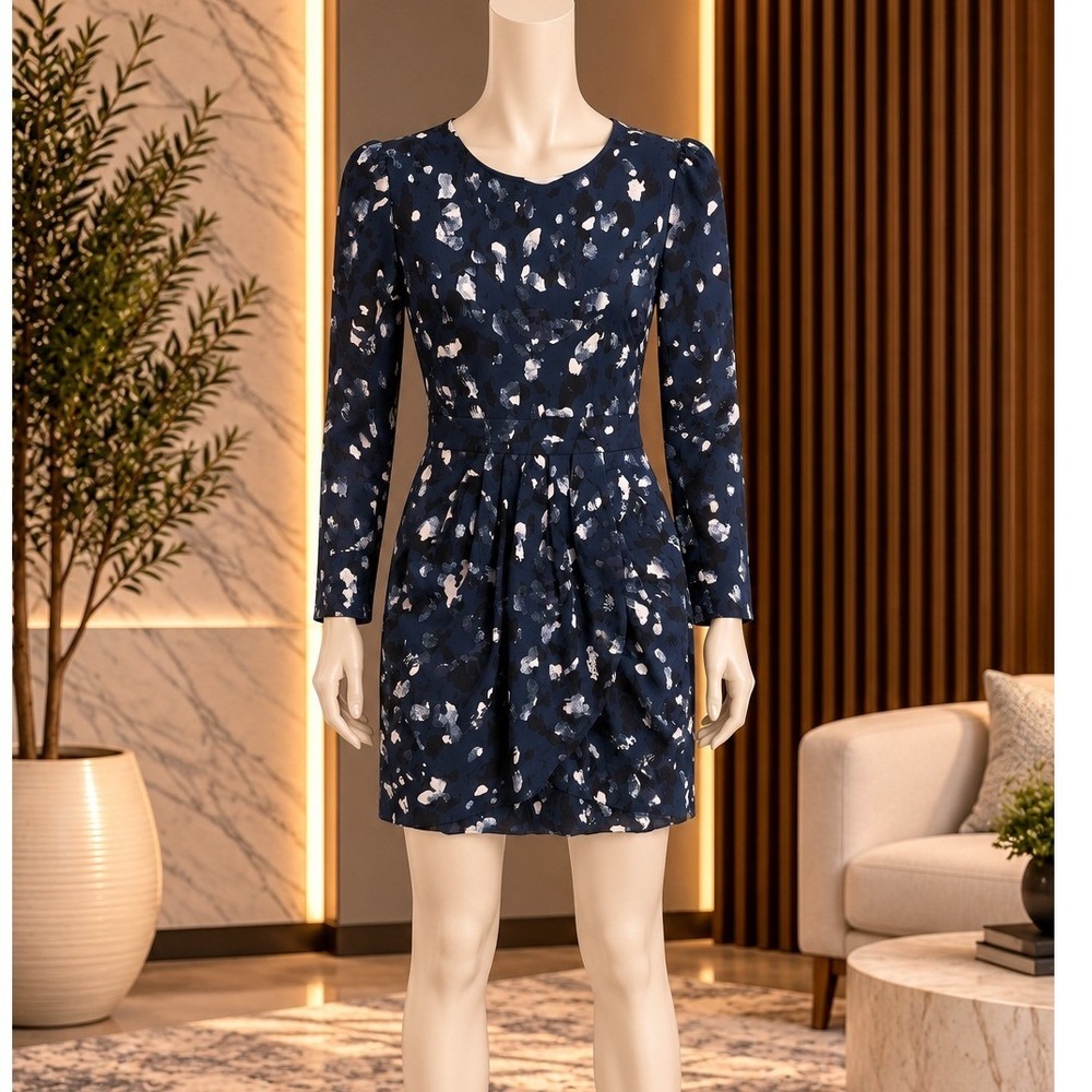 Club Monaco Womens Silk Abstract Print Draped Mini Dress Navy Blue Size 00